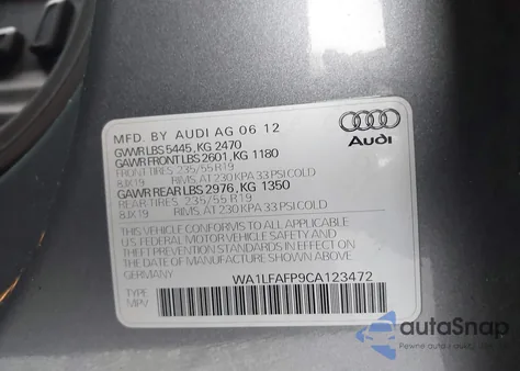 2012 Audi Q5 2.0T Premium z USA, uszkodzony, nr VIN WA1LFAFP9CA123472